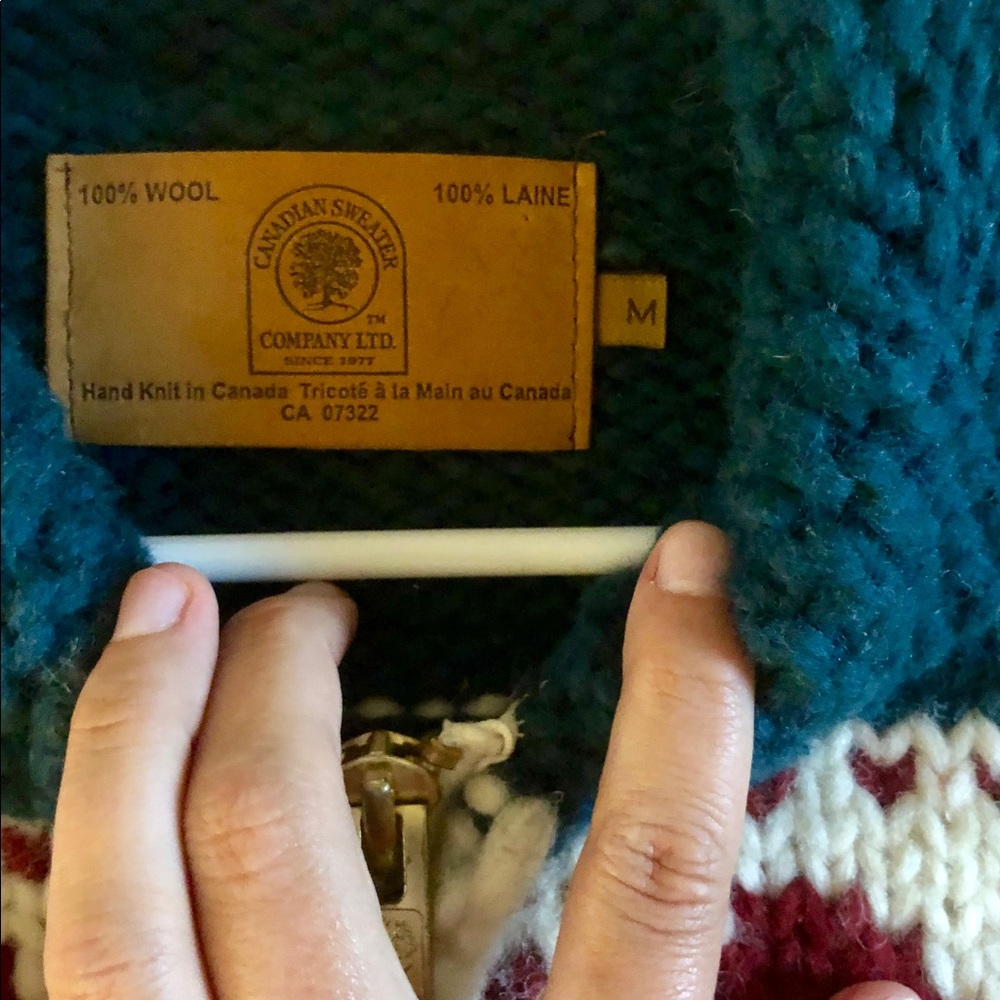 J. Crew Teal, Cream & Burgundy Bear Knit Zip Cardigan - Picture 2 of 3